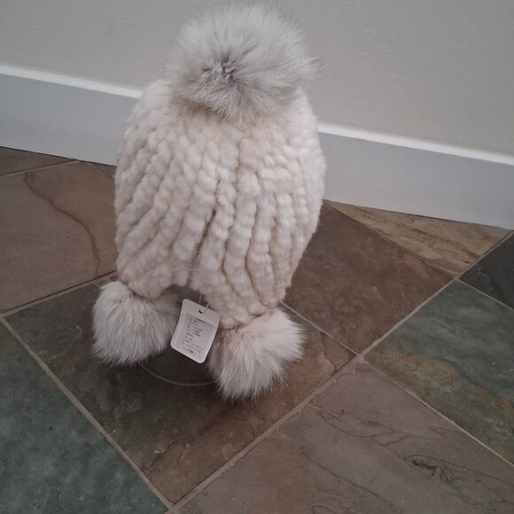 New Mink Fur Knitted Beanie Hat with Fox Pompoms - Picture 8 of 10
